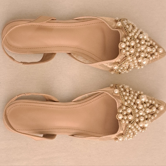 NEW Cream/Tan Pearl Beaded Lace Faux Leather Pointed-Toe Back Strap Flats, Sz 10 - Picture 8 of 9
